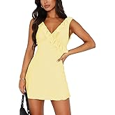 MIYIEONZ Women's Sexy V Neck Sleeveless Backless Ruffles Dress for Women Elegant Mesh Party Fitted Cocktail Mini Dresses