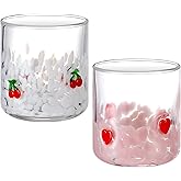 Yungyan 2 Pcs Valentine Icon Juice Glass 14oz Heart Cherry Drinking Cocktails Glasses Cute Pink White Stemless Wine Glasses Handblown Old Fashioned Couple Cups for Her Wife Women Birthday Lovely Gifts