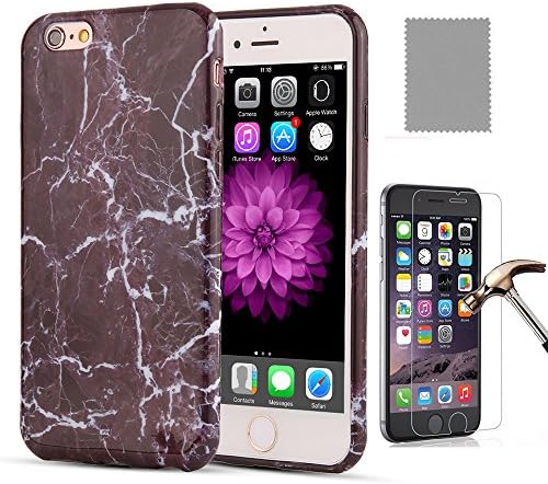 iPhone 6s / 6 Case, Ranipobo Marble Stone Texture Pattern Flexible TPU Slim Durable Cover + Tempered Glass Screen Protector for iPhone 6 /6s 4.7" inch (Purple)