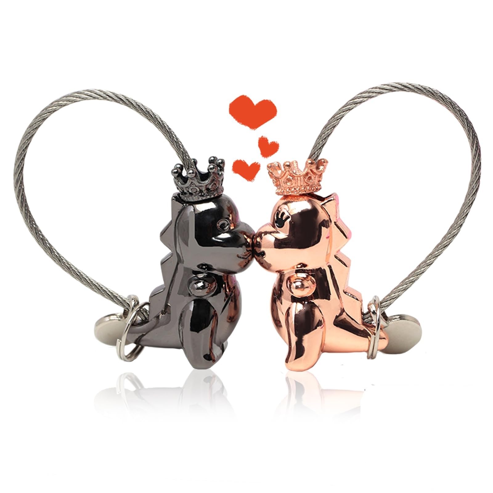 Couples Keyrings Set, Cute Dinosaur Keyring Magnetic Love Keychain with Gift Box Aluminum Alloy Couple Keychain Gifts for Boyfriend Girlfriend (Black and Rose Gold)