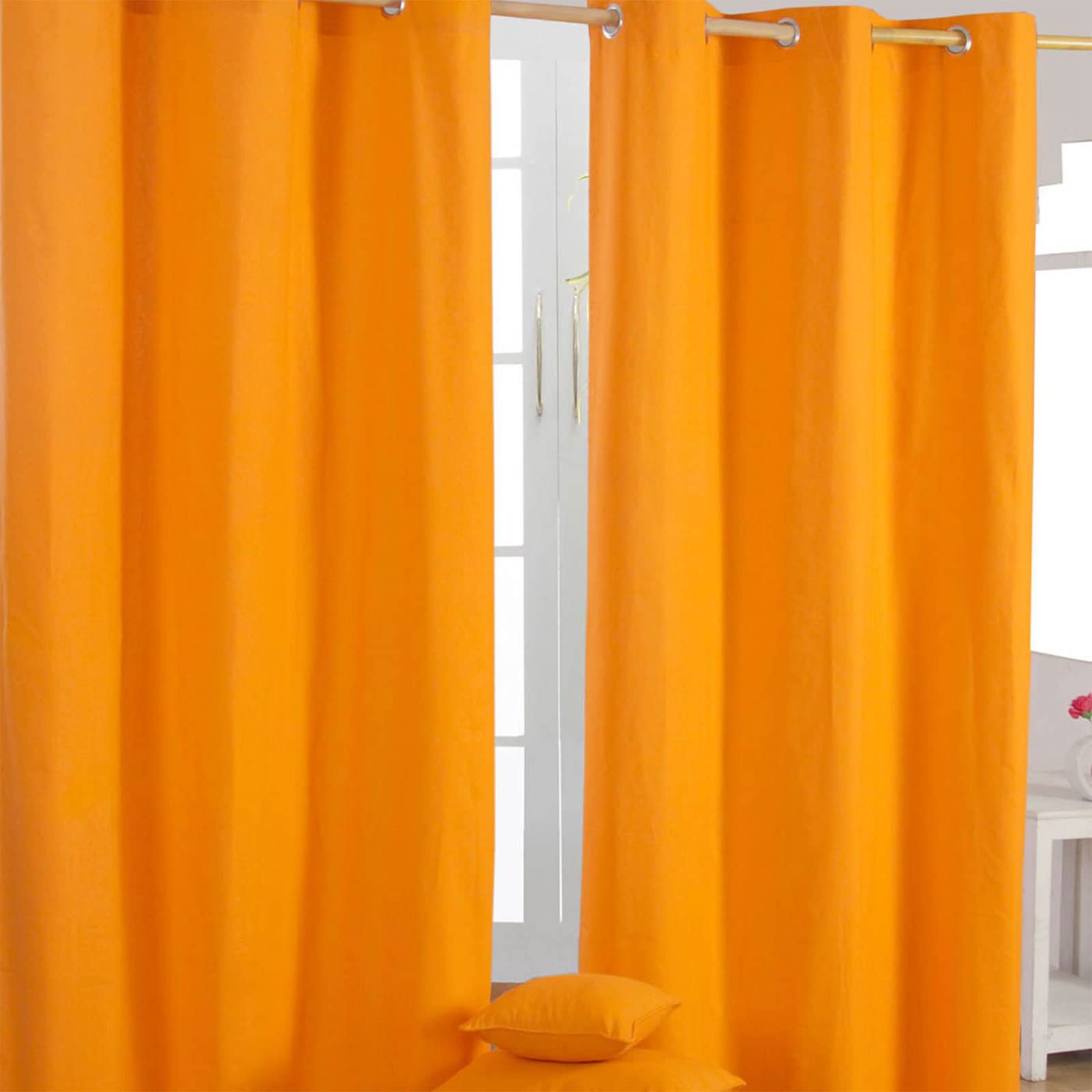 HOMESCAPES Orange Eyelet Curtain Pair 137cm (54") Wide x 182cm (72") Drop Plain Heavy Unlined Curtains — image 1