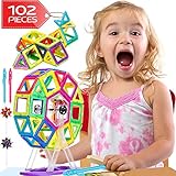 Lazy Monk Magnetic Blocks Tiles Kids - 102 Pcs Magnet Building Tile Toddlers - Best 3D Educational Toys