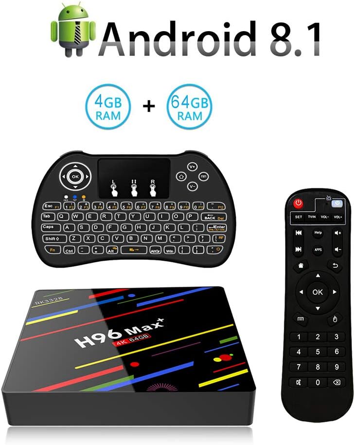 H96 Max+ Android 8.1 TV Box with RK3328 Quad-Core 64Bits CPU, 4GB RAM 64GB ROM, Support 4K Ultra HD H.265 2.4G/5G Dual WiFi,Smart Set Top Box with Wireless Backlit Keyboard