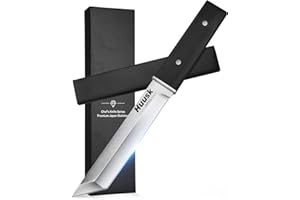 Huusk Japanese Fixed Blade Knife - Tanto Samurai Knife with Sheath - Full Tang Survival Knives with Wood Handle - Bushcraft knives for Outdoor Camping BBQ, Gifts for Men