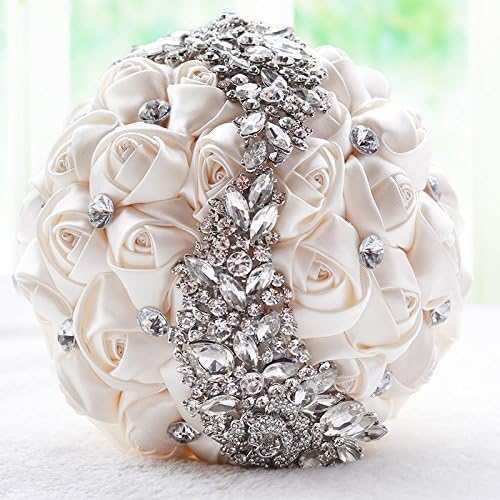 Abbie Home Quinceanera Silver Brooch Bouquet - Bride Wedding Bouquets Bridesmaids Satin Rose Flower with Sparkle Rhinestone Crystal Decoration (Creamy)