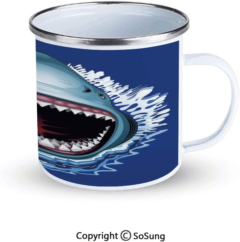 Shark Sportsmans Camping Enamel Travel Mug,Attack of Open Mouth Sharp Teeth Sea Danger Wildlife Ocean Life Cartoon Outdoor Enamel Mug,Royal Blue Teal