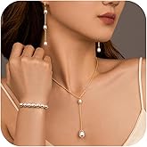Gold Jewelry Set for Women - Dainty 14K Gold Plated Pearl Choker Necklace, Drop Earrings ,Bracelets - Pearl Wedding Bride Jewelry Set