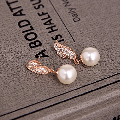 KAVANI Women's Rose Gold Silver Plated Heart-Shaped Leaf Pearl Zircon Jewelry Set Pendant Necklace Earring Set