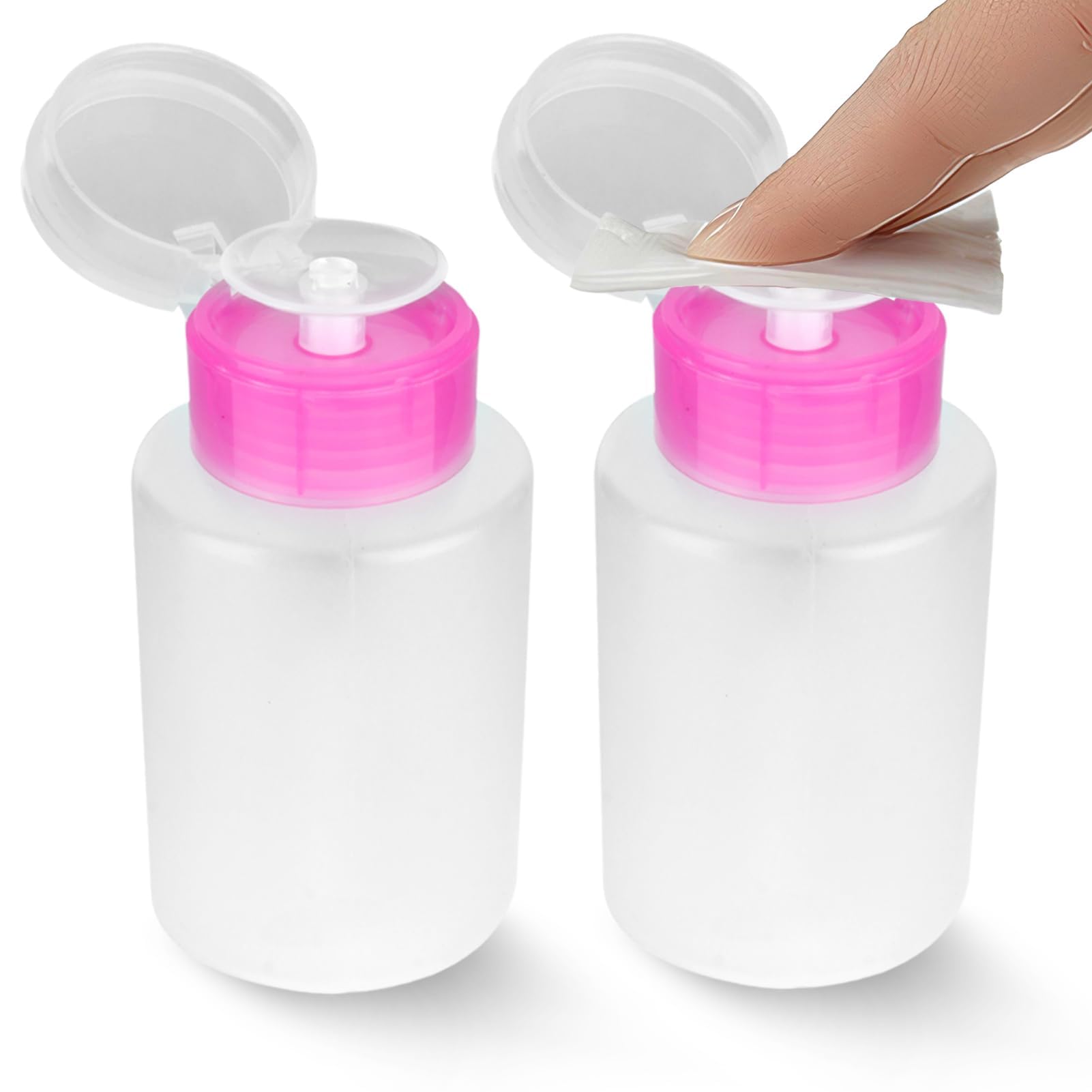 Agatige 2Pcs Nail Polish Remover Pump Bottle, 60ML Clear Plastic Push Down Cleanser Dispenser Travel Empty Liquid Container with Flip Cover for Nail Polish Remover Alcohol Makeup Remover Liquid