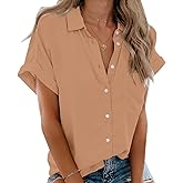 Beautife Womens Short Sleeve Shirts V Neck Collared Button Down Shirt Tops with Pockets