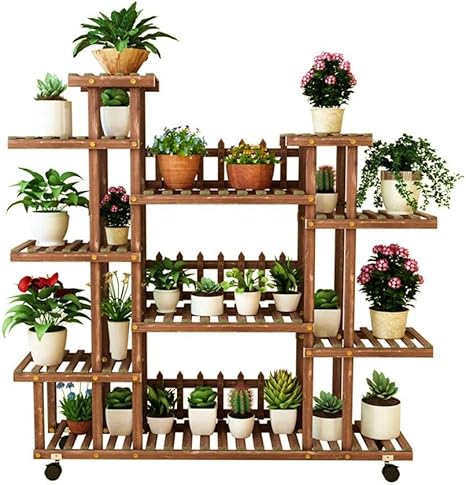 Amazon Co Jp 植物スタンド フラワーラック植物スタンド屋外または屋内の多層大型木製フラワーラック と床とホイールとフェンス付きの立ち型ディスプレイ植物棚 L130 W37 H1 ホーム キッチン