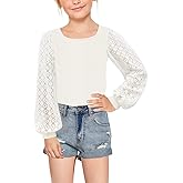 Geckatte Girls Long Sleeve T-Shirts Lace Crewneck Casual Plain Stretchy Ribbed Knit Blouses Tops 5-14 Years