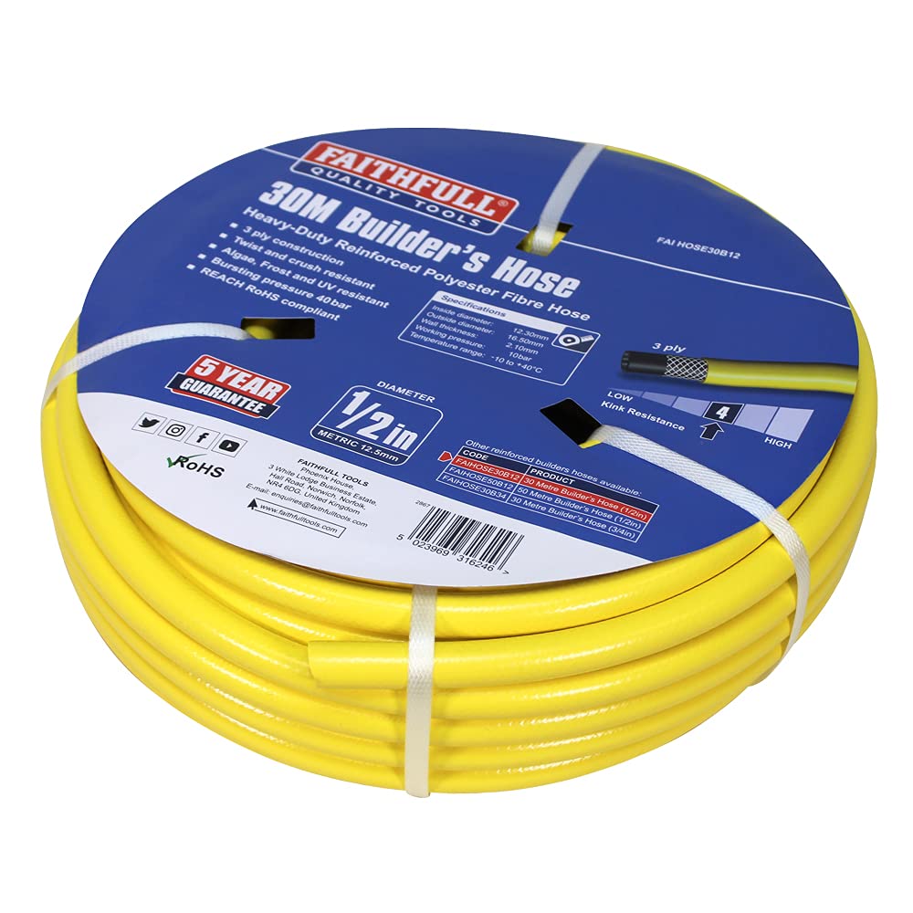 Faithfull Heavy-Duty Reinforced PVC Builders Hose 30M (98ft) 12.5mm (1/2in) Diameter – 24 Braid Fibre Mesh, Kink & Twist Resistant Hose Pipe