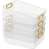 Lasbily 4 Packs Clear Plastic Storage Bin, Pantry Organizer Bin | Clear Containers With Built-in Handles, Multipurpose for Refrigerator, Kitchen, Freezer Organization