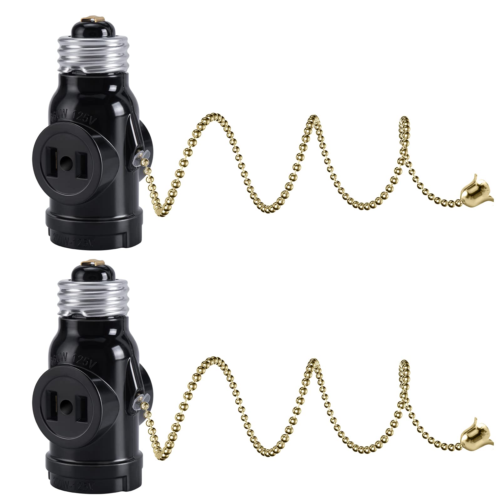 Photo 1 of DiCUNO UL Listed E26 to 2 Polarized Outlet Socket Adapter, Pull Chain Switch Control Light Bulb, Standard (Medium) E26 Base to 2-Prong Outlet Plug Splitter Converter, Black, 2-Pack