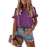 PRETTYGARDEN Women's Short Sleeve Casual T Shirts Summer Ruffle Plain Round Neck Loose Fit Tee Blouse Tops
