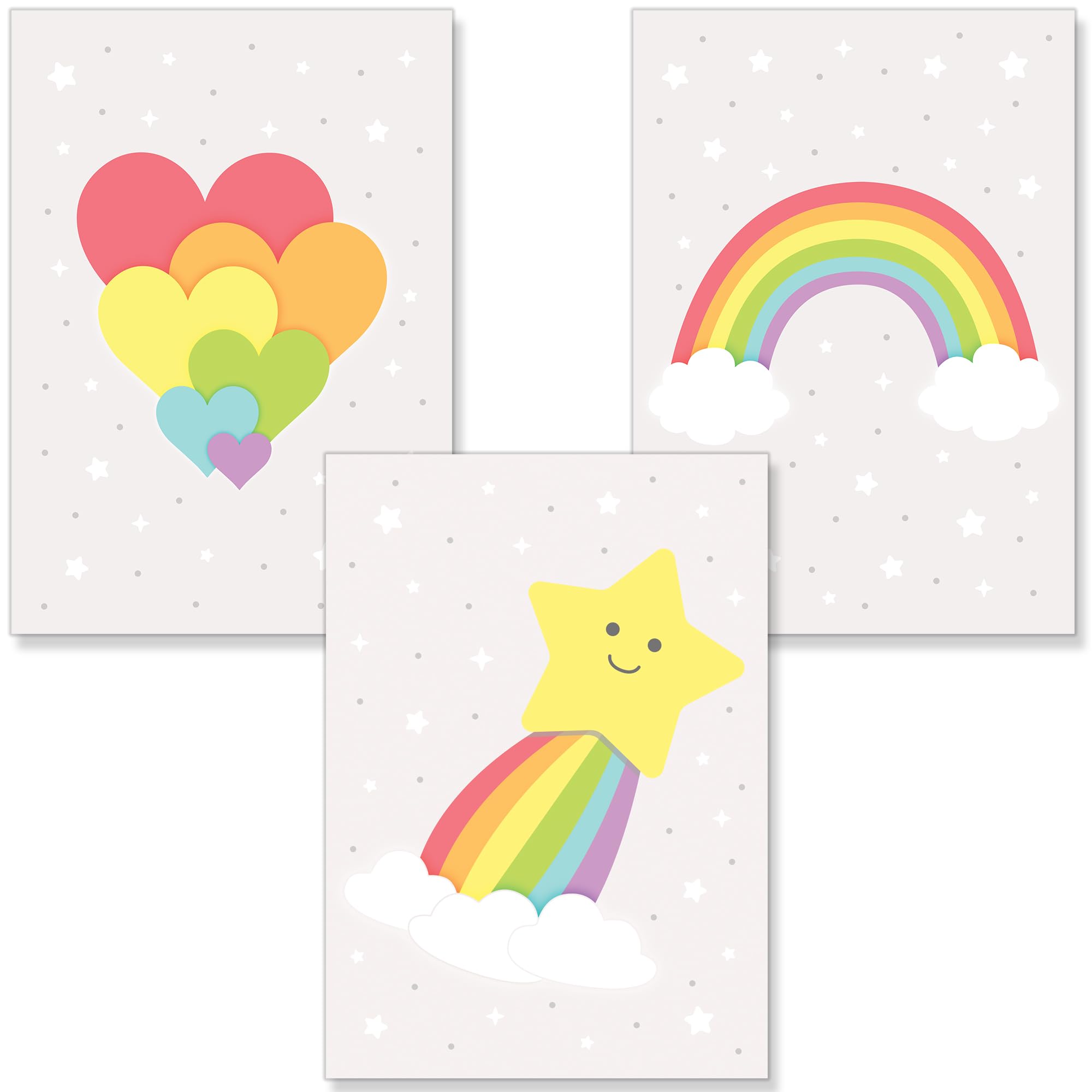 PREMYO Wall Art Prints Nursery Decor - Baby Room Decoration Girl Boy - Kids Poster Set Rainbow Star Heart Picture A4
