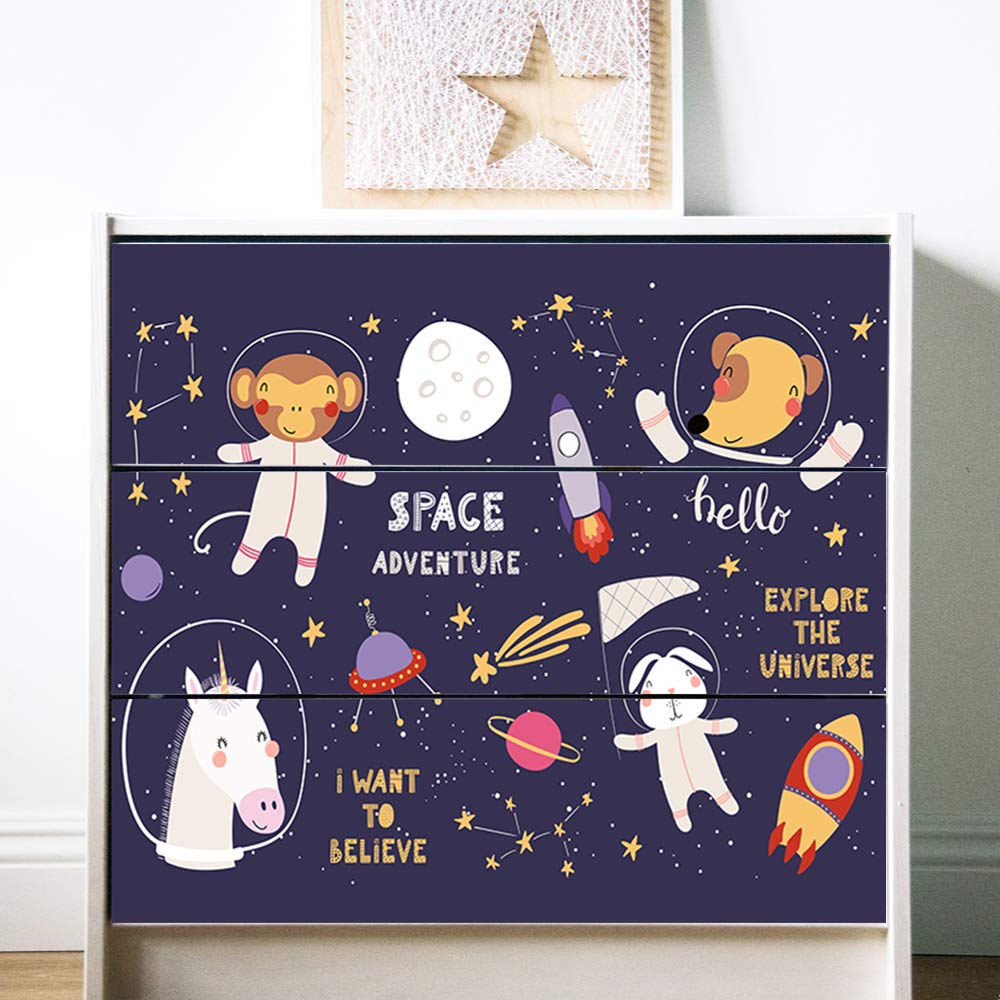 Alwayspon Astronauts Decals for MALM Dresser, Removable Drawer Front Stickers, Peel and Stick Furniture Sticker Skin, 3 Pcs x 31.6"x7.9"