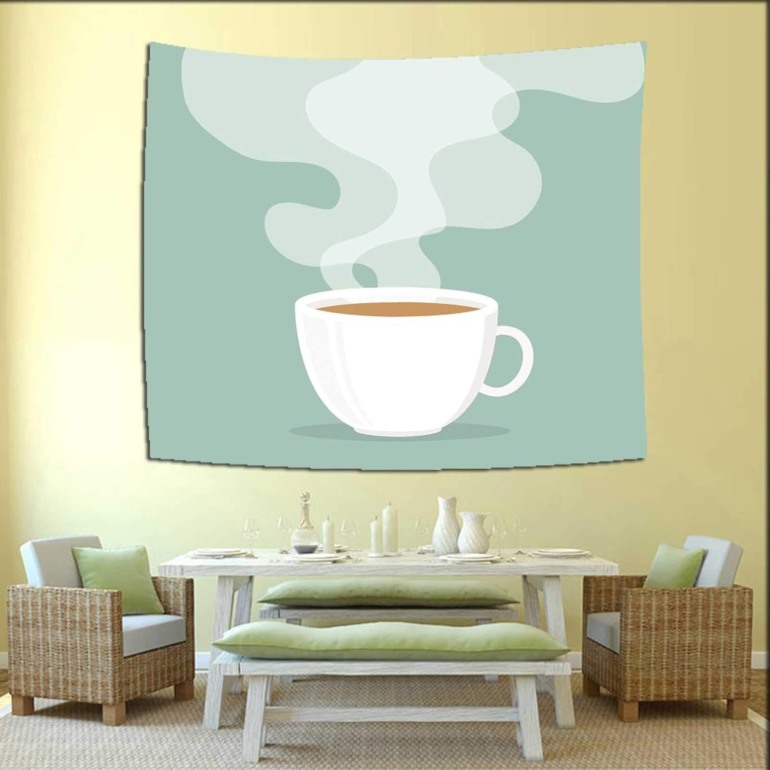 Amazon Co Jp 多図的タペストリー おしゃれ インテリア 壁掛け バナー ハンギング ファブリック 110x90 Cm煙とコーヒー カップフロートアップイラスト ホーム キッチン