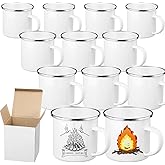 Mimorou 12 Pack Sublimation White Blanks Enamel Coffee Mug Set, 12 oz Camping Outdoor Tea Camp Drinking Cups Travel Metal Skinny Mug with Silver Rim for Party Gifts Picnic Office Home Use