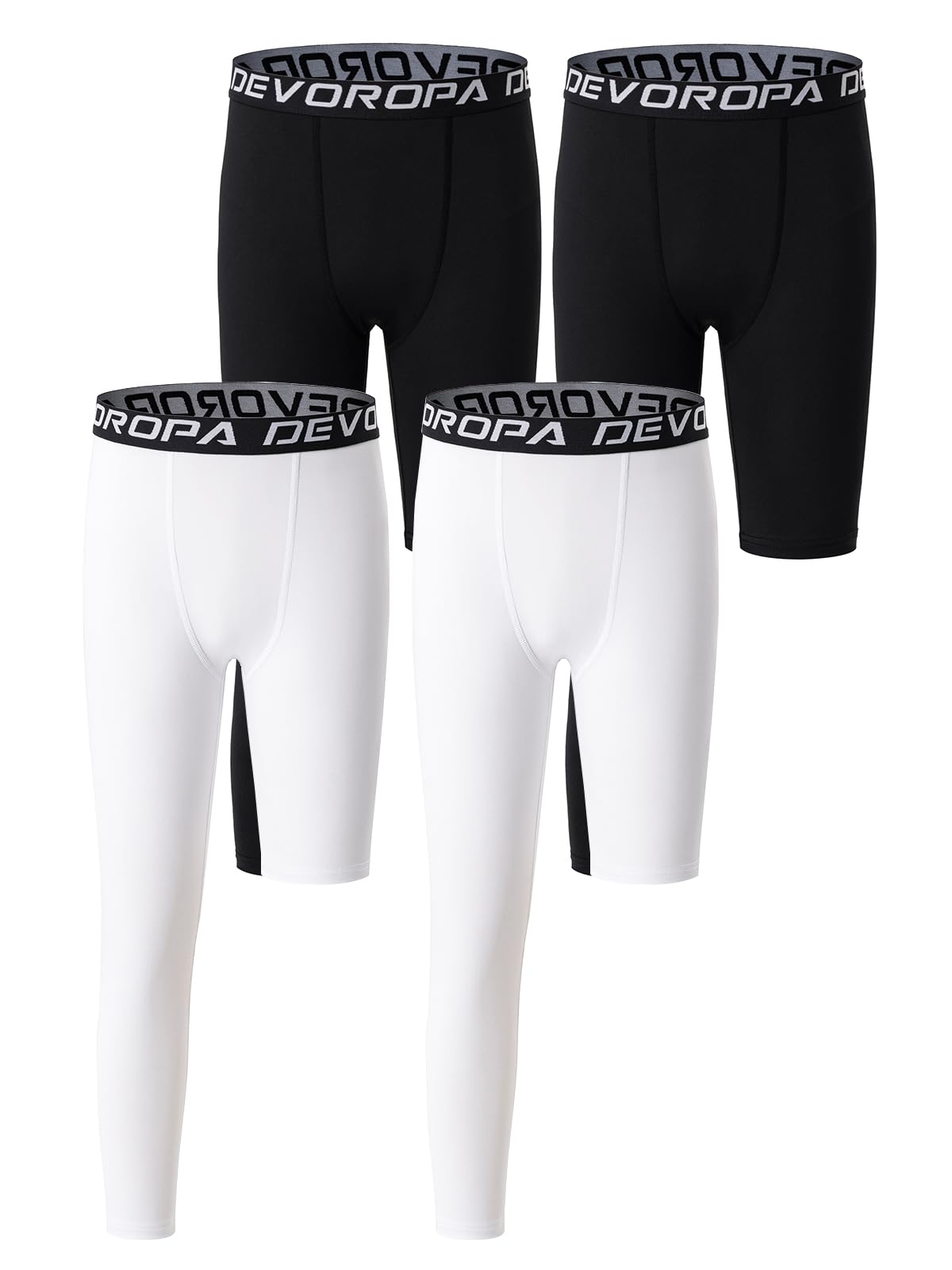 DEVOROPA 4 Pack Youth Boys' One Leg Compression Pants 3/4 Basketball Tights for Sports Base Layer Leggings Black/Black/White/White M Image