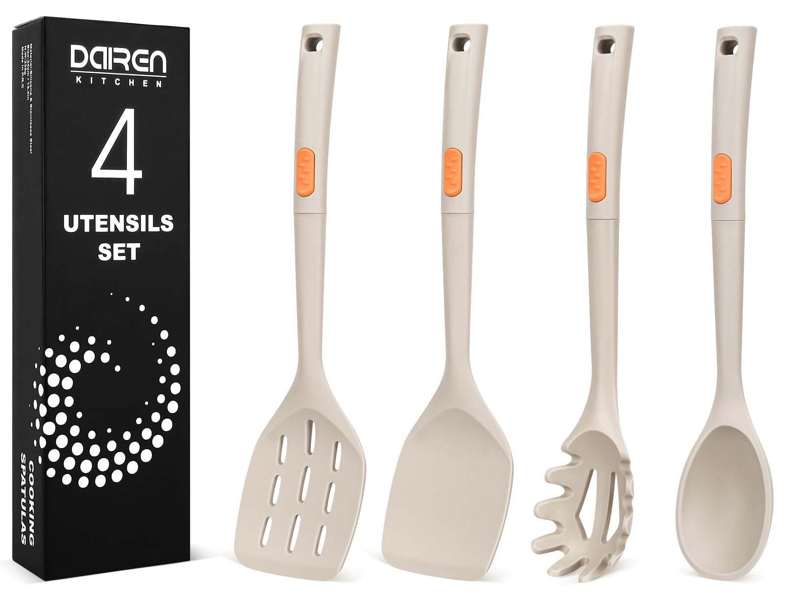 Silicone Cooking Spatulas and Spaghetti Spoons, 4 Pack Heat Resistant Full Silicone Cooking Utensils Set, Non Stick Large Kitchen Silicone Spatula Spoons for Cooking, Mixing, Serving, Draining (KHAKI)