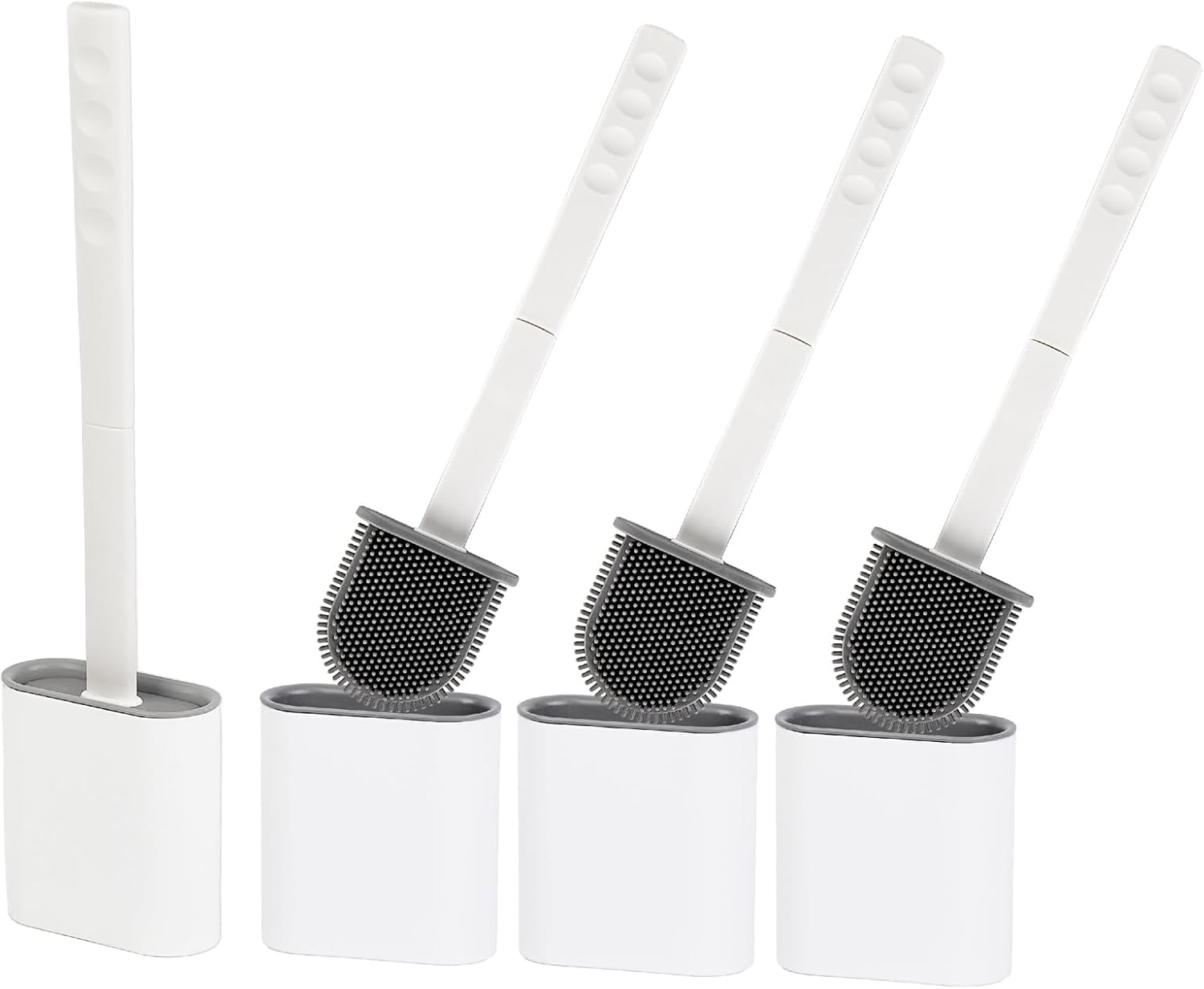 Silicone Toilet Brush With Holder – Pack of 4 Long Non-Slip Handle, Flexible Bristles for Easy Cleaning – Modern Drip-Free Base, Durable White Bathroom Toilet Brush Set With Holder