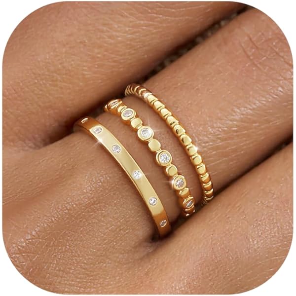 HERSIN Anillos Apilables Para Mujer, A La Moda, Delicados Anillos Chapados En Oro De 14 Quilates, Anillos Gruesos, Anillos De Oro Multiplateado, Juego De Anillos Apilables De Metal Mixto, Joyería De