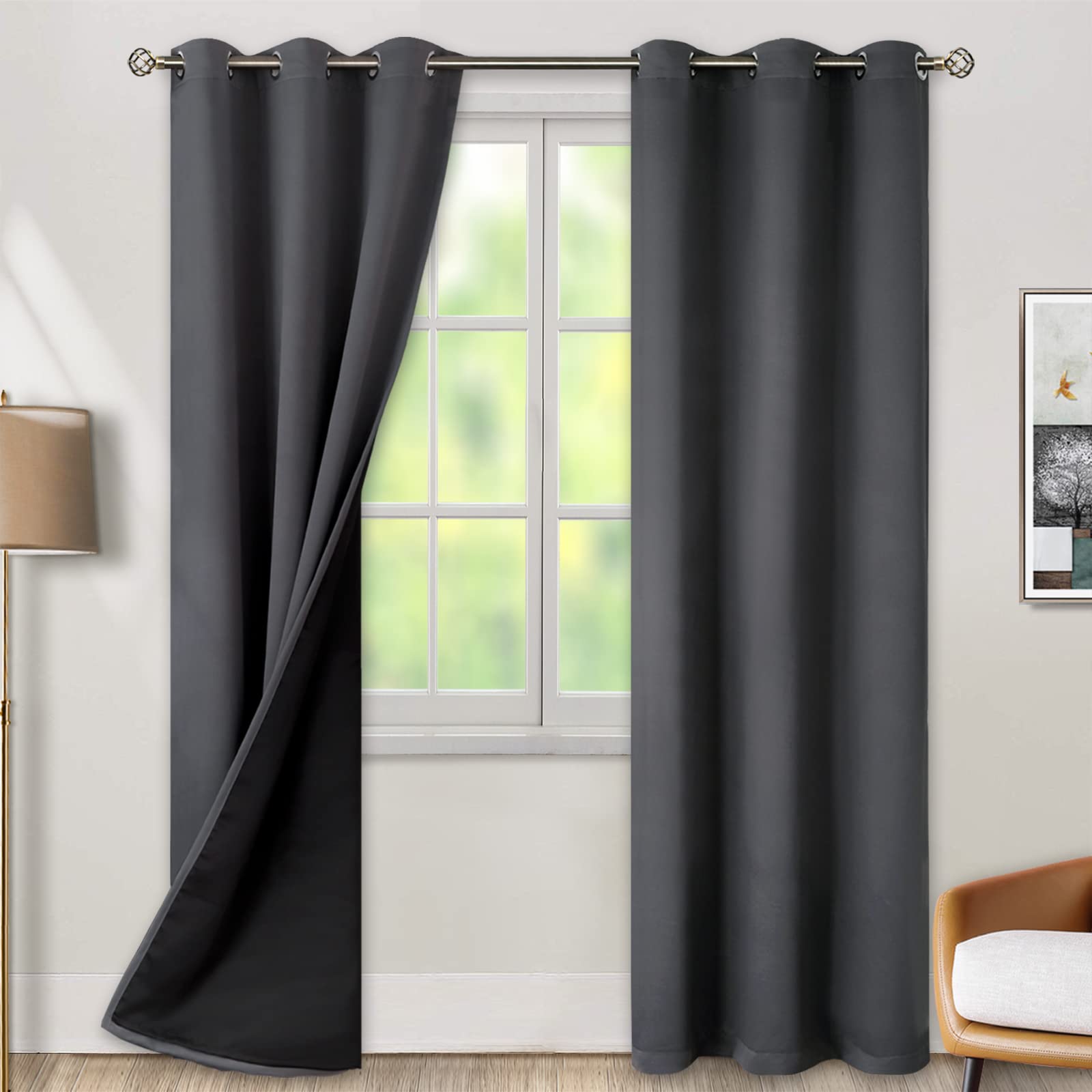 BGment Thermal Insulated 100% Blackout Curtains for Bedroom with Black Liner, Double Layer Full Room Darkening Noise Reducing Grommet Curtain (42 x 84 Inch, Dark Grey, 2 Panels)
