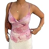 Women Y2K Floral Print Camisole Deep V Neck Ruffle Trim Cami Top Summer Spaghetti Strap Tiered Front Wrap Tank Top (Pink, S)