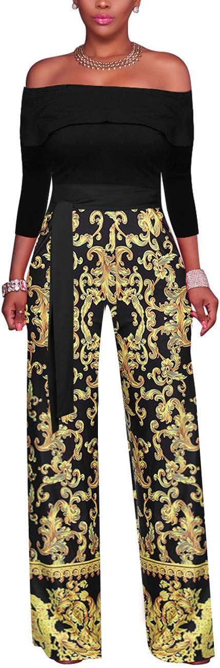 Vilover Women Jumpsuits Off Shoulder Solid Jumpsuits Wide Leg Long Romper Pants with Belt