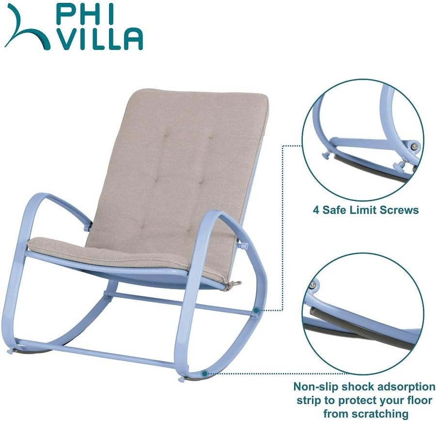 PHI VILLA Outdoor Patio Metal Rocking Chair, Padded Modern Rocker Chairs with Cushion, Support 300lbs for Porch, Deck, Balcony or Indoor Use (1 Pack, Blue): Furniture & Decor