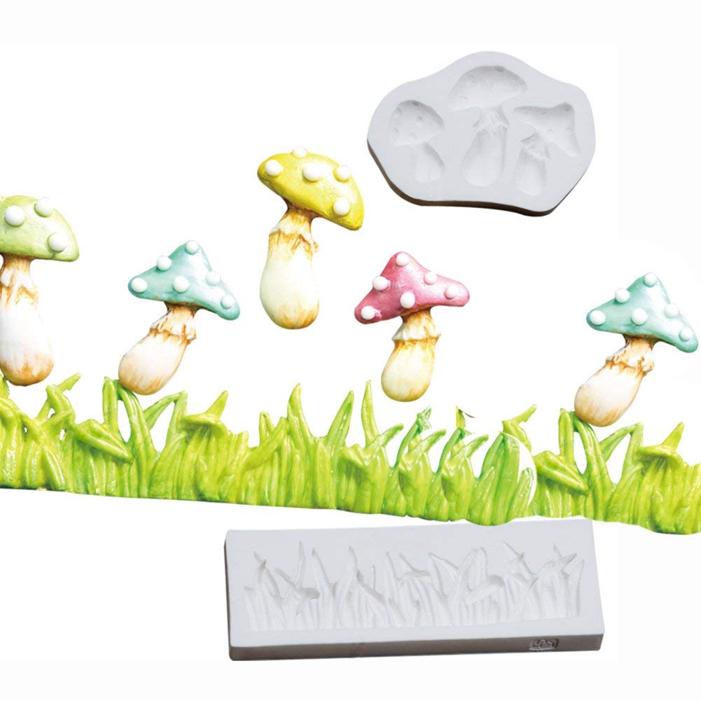 KALAIEN 2pcs Mushroom Grass Silicone Mold Cake Decorating Mould Fondant Sugar Craft Molds Candy Chocolate Mold