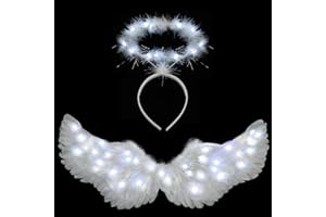 YAMGQUS Angel Wings, Light Up Angel Wings and Halo with LED Lights, White Angel Wings Costume for Adult Women Kids Halloween Xmas