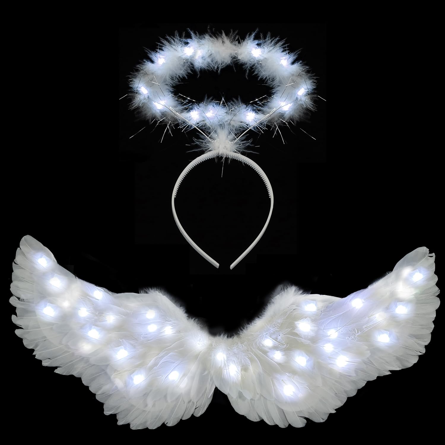 Photo 1 of Angel Wings, Light Up Angel Wings and Halo with LED Lights, White Angel Wings Costume for Adult Women Kids Halloween Xmas