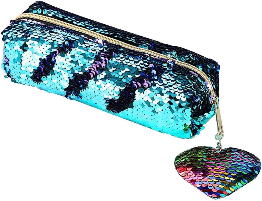 Kroy Pecoed Fashion Reversible Mermaid Sequins Heart Zipper Pencil Case Cute Pencil Case Glitter Pen Case Flip Sequins Coin Purse Make Up Bag Stationery Set Gift - H03