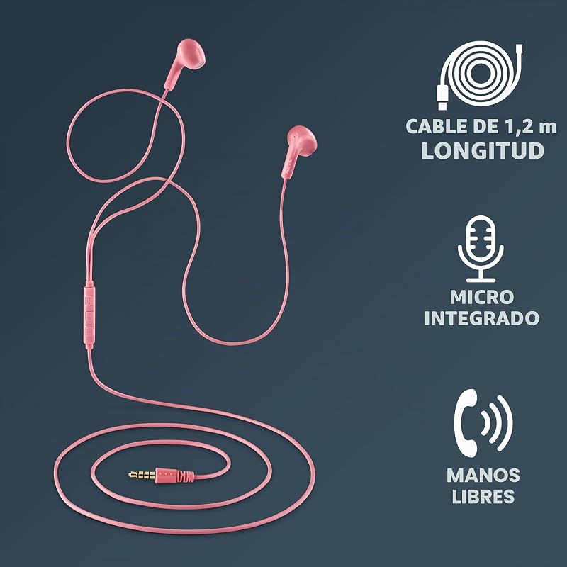 Cross Flip Pink - Auriculares Intraaurales con Micrófono y Botón Multifunción, Control de Música y Llamadas, Cable 120 cm, Jack 3,5 mm