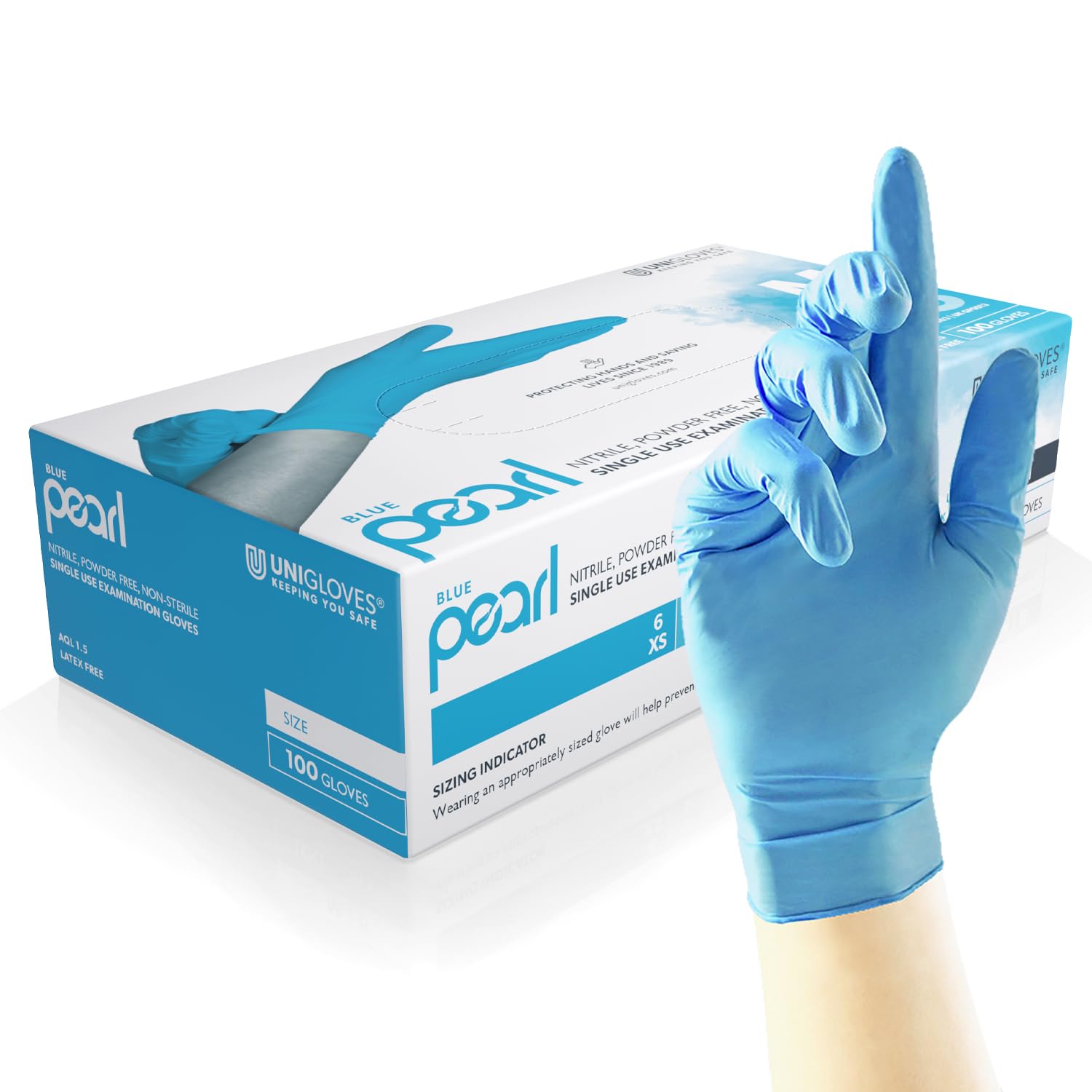 Unigloves Blue Pearl Nitrile Examination Gloves - Multipurpose, Powder Free and Latex Free Disposable Gloves - Box of 100 Gloves, Blue, Large (GP0014)