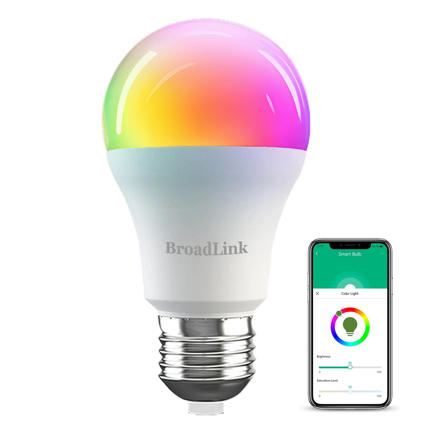 Broadlink Smart Bulb, 10W RGB Dimmable 800lm Wi-Fi LED Smart Light Bulbs Color Changing E27 A60, Compatible with Alexa, Google Home, Siri and IFTTT, No Hub Required