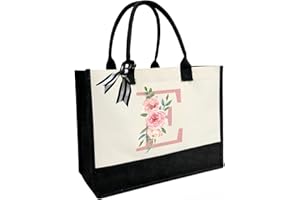 JOJHDR Initial Canvas Beach Tote Bag with Printed letter,Personalized Gifts for Women,Mom,Friends,Teachers and Bridesmaids