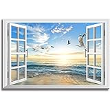 Window Beach Picture Canvas Wall Art - Fake Window View Ocean Print with Framed Seagull Bird Photo Decor for Home Blue Walls 