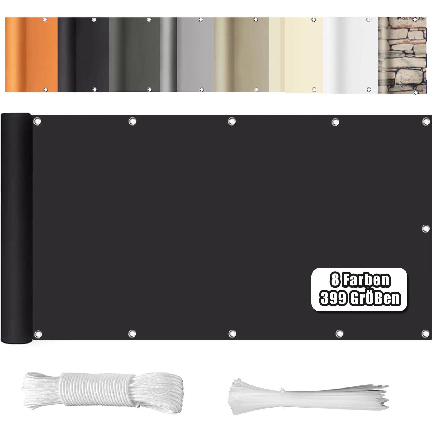 WEALSFUN SolVision Balcony Fence Cover Privacy Screen Protector Matte Polyster with Eyelets Ropes and Clamp, 90 X 200CM Anthracite