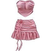 Verdusa Women's 2 Piece Outfits 3D Flower Ruched Crop Tube Top with Ruffle Mini Skirt Y2k Vacation Sets