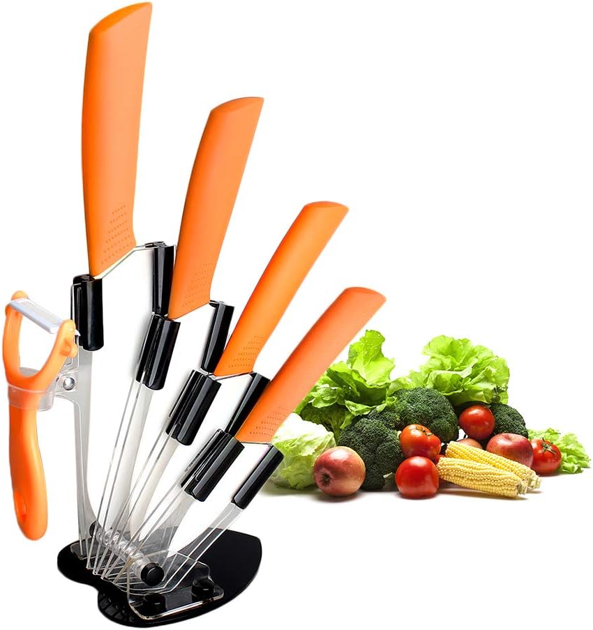 Ceramic Knife Set,Five Piece 6" Chef Knife, 5" Utility Knife, 4" Fruit Knife, 3" Paring Knife, 1'' Vegetable Fruit Peeler, Rust Proof And Stain Resistant, Kitchen Chef Knife Sharp Set (Orange)