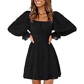 EXLURA Women's 2026 Casual Long Lantern Sleeve Dresses Square Neck Ruffle Tie Back Elastic Waist Aline Short Mini Dress