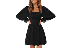 EXLURA Women's 2025 Casual Long Lantern Sleeve Dresses Square Neck Ruffle Tie Back Elastic Waist Aline Short Mini Dress