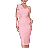 houstil Women's One Shoulder Cocktail Bandage Dress Midi Party Mesh Bow Bodycon Wedding Guest Dresses