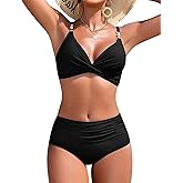 Uikue High Waisted Bikini Sets for Women Sexy 2 Pieces Tummy Control Bathing Suit Adjustable Straps Removable Pad Swimsuits