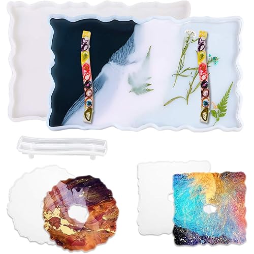 Silicone Resin Tray Molds, Geode Agate Platter Molds with 2pcs Resin Coaster Molds & 1pcs Resin Handle Mold, Resin Coaster molds, Resin Casting Molds for Making Faux Agate Tray Serving Board Coaster
