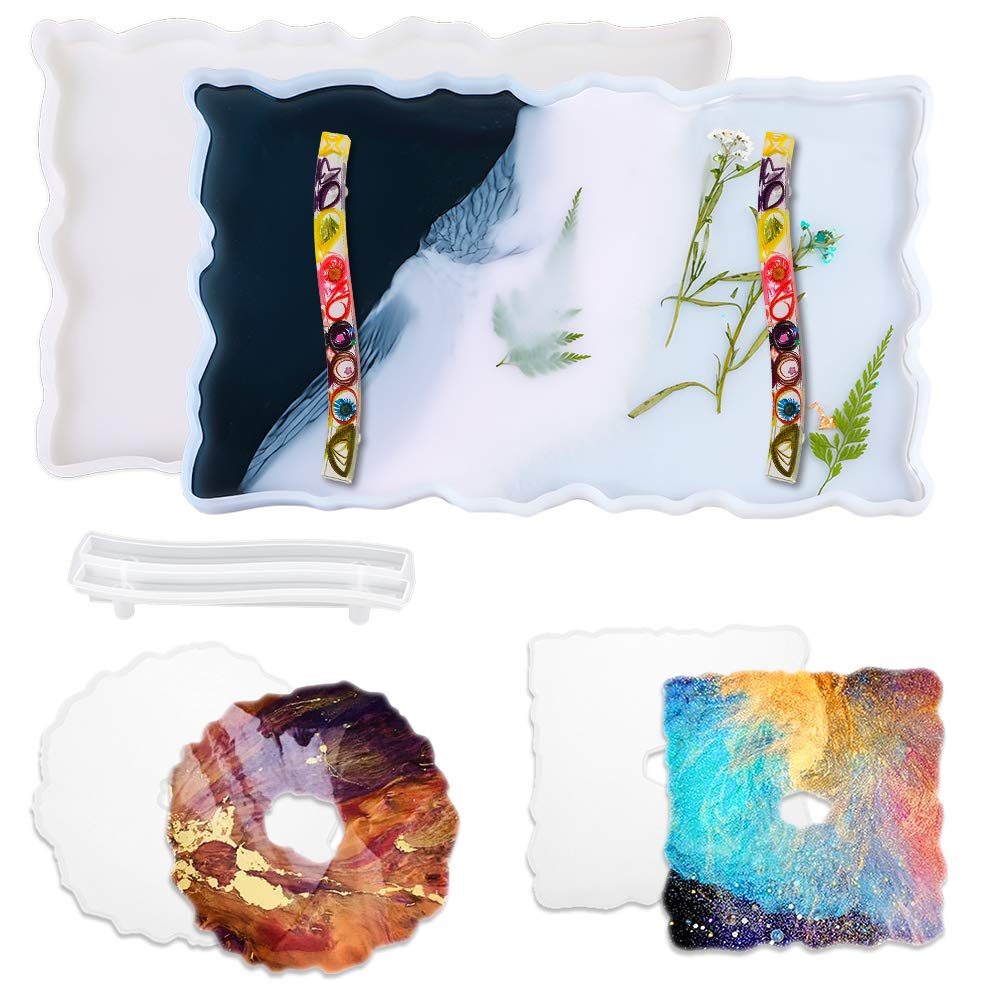 Silicone Resin Tray Molds, Geode Agate Platter Molds with 2pcs Resin Coaster Molds & 1pcs Resin Handle Mold, Resin Coaster molds, Resin Casting Molds for Making Faux Agate Tray Serving Board Coaster